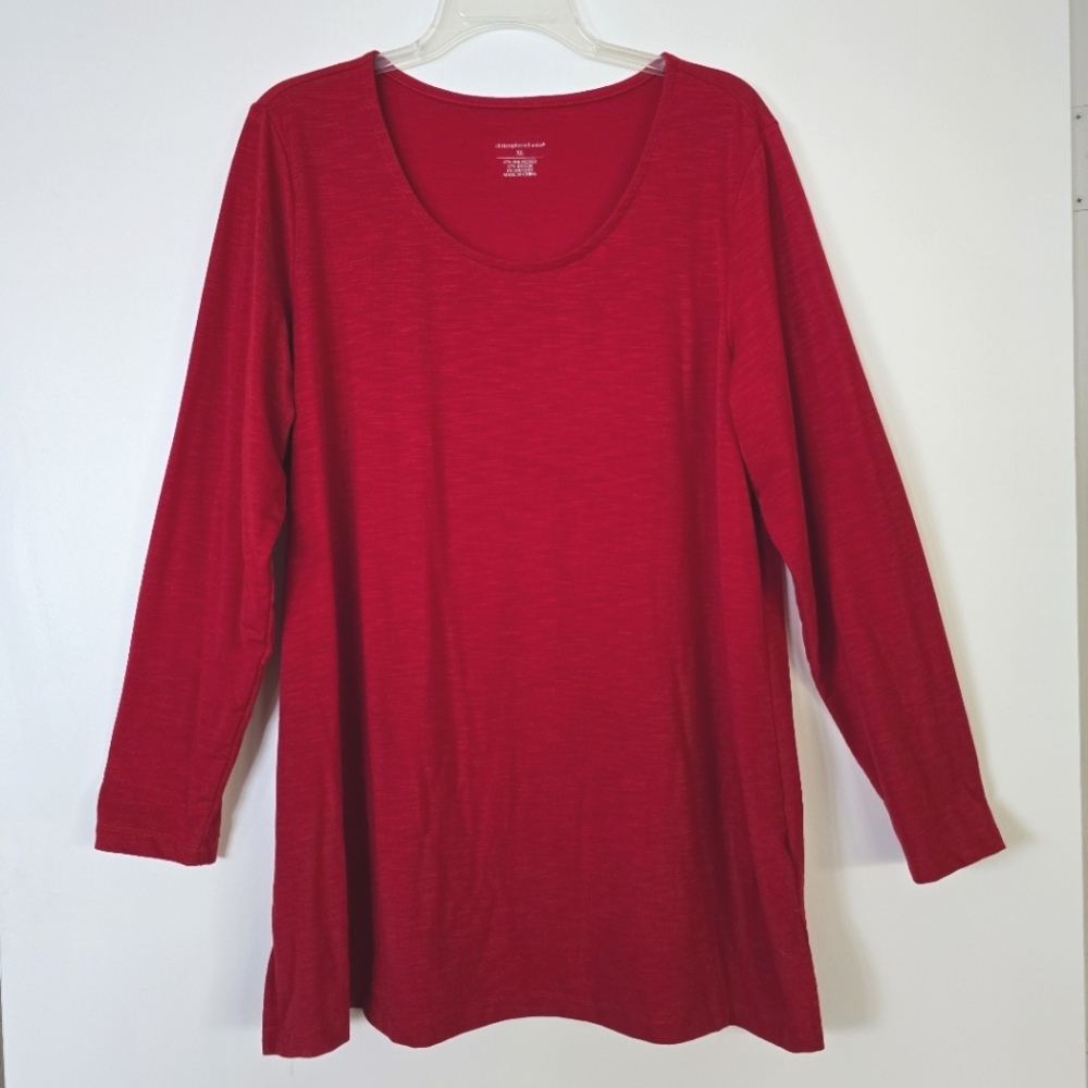 Like New XL Christopher & Banks Cherry Red Long Sleeve Tunic Slub Knit T-Shirt